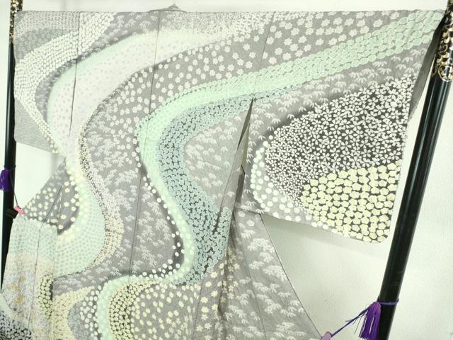 平和屋本店●極上 訪問着 東雲絞り 相良刺繍 流水花文 暈し染め 金糸 銀通し地 ロング丈 逸品 未使用 DZAB3816kh6