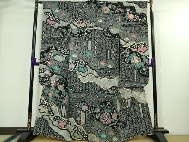 平和屋本店●極上 振袖 絞り 名物裂草花文 金銀彩 黒地 逸品 DZAB3818kh6