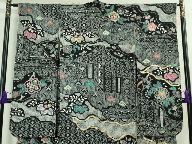 平和屋本店●極上 振袖 絞り 名物裂草花文 金銀彩 黒地 逸品 DZAB3818kh6