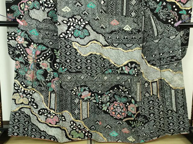 平和屋本店●極上 振袖 絞り 名物裂草花文 金銀彩 黒地 逸品 DZAB3818kh6