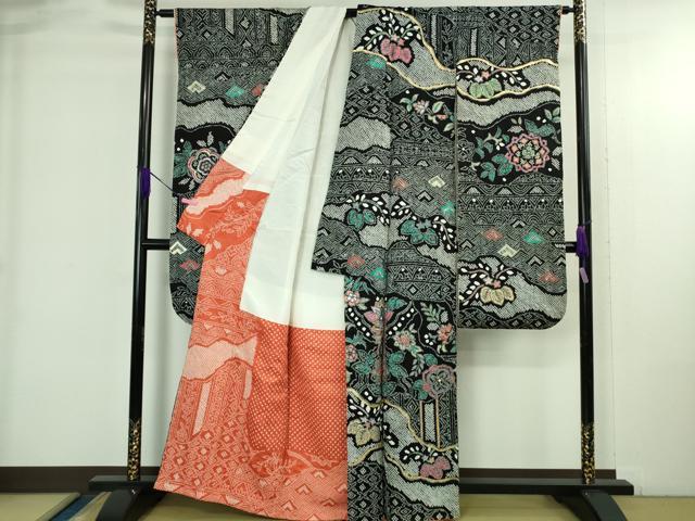 平和屋本店●極上 振袖 絞り 名物裂草花文 金銀彩 黒地 逸品 DZAB3818kh6