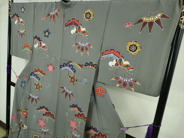 平和屋着物●極上 小紋 紅型 松竹梅 鉛色地 逸品 DZAB3823kh6