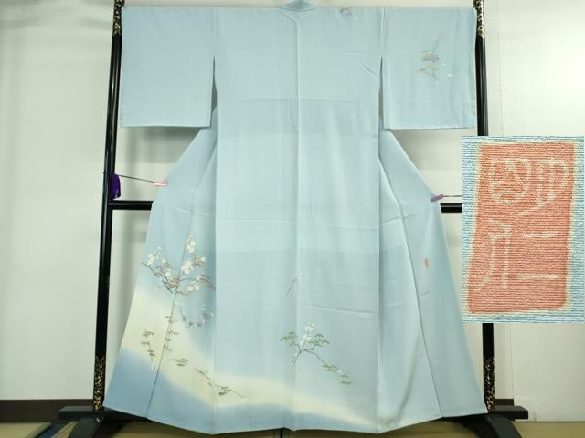 平和屋着物●極上 本加賀友禅作家 稲手明仁 訪問着 松竹梅 水色地 暈し染め やまと金ラベル 逸品 未使用 DZAB3828kh6