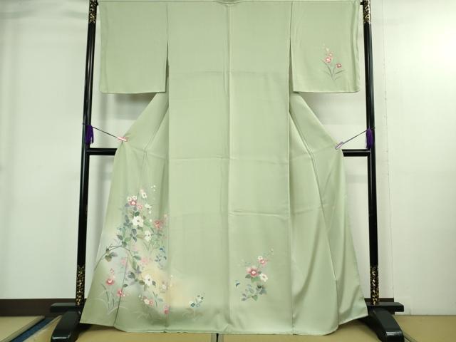 平和屋着物●極上 訪問着 友禅 作家物 枝花文 白緑色地 暈し染め 反端付き 逸品 未使用 DZAB3832kh6