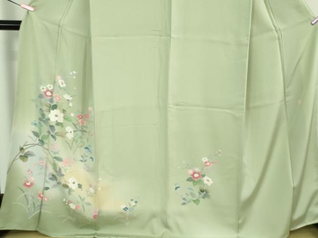平和屋着物●極上 訪問着 友禅 作家物 枝花文 白緑色地 暈し染め 反端付き 逸品 未使用 DZAB3832kh6