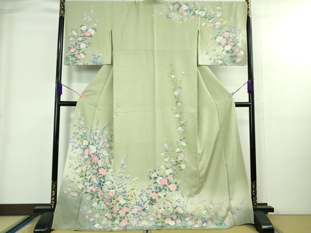 平和屋本店●極上 訪問着 友禅 草花文 夏虫色地 暈し染め 金彩 ロング丈 逸品 未使用 DZAB3833kh6