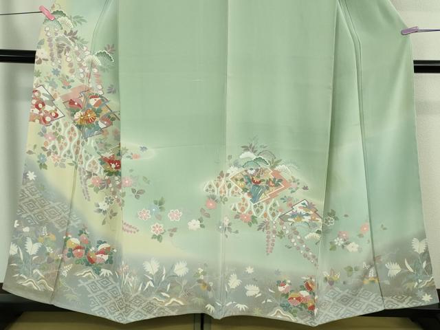 平和屋着物●極上 訪問着 松川菱 吉祥花文 柳鼠色地 暈し染め 反端付き 逸品 未使用 DZAB3839kh6