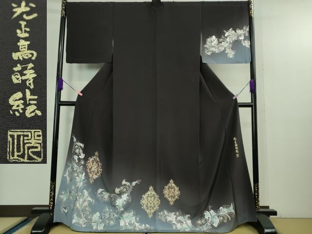 平和屋本店●極上 金彩友禅 卓越技能者・名工・和田光正 光正高蒔絵 訪問着 洋花文 黒紅色地 暈し染め 金銀彩 逸品 DZAB3840kh6
