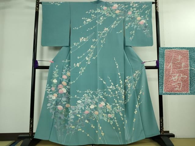 平和屋着物●極上 十日町友禅作家 阿部佳雪 訪問着 枝花文 新橋色地 逸品 DZAB3841kh6