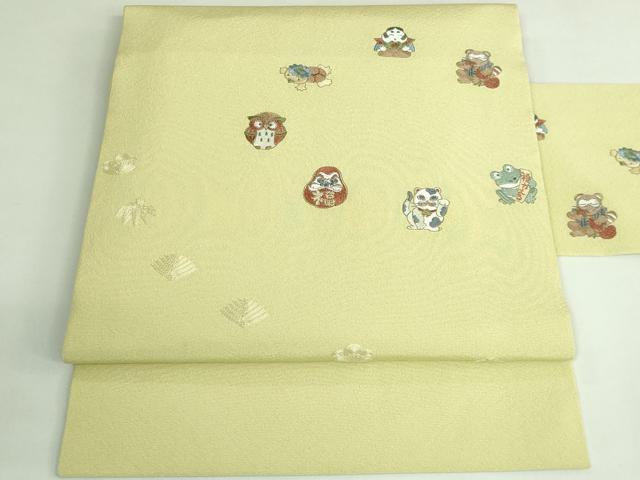 平和屋着物●極上 九寸名古屋帯 総刺繍 招き猫 河童 ダルマ フクロウ タヌキ カエル 縁起物 逸品 DZAB3905kh6
