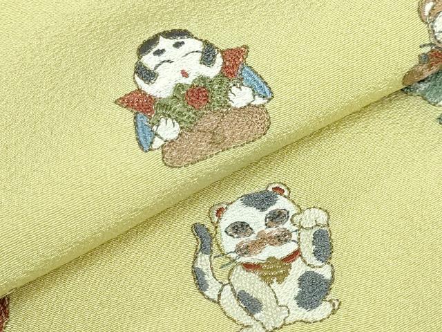 平和屋着物●極上 九寸名古屋帯 総刺繍 招き猫 河童 ダルマ フクロウ タヌキ カエル 縁起物 逸品 DZAB3905kh6