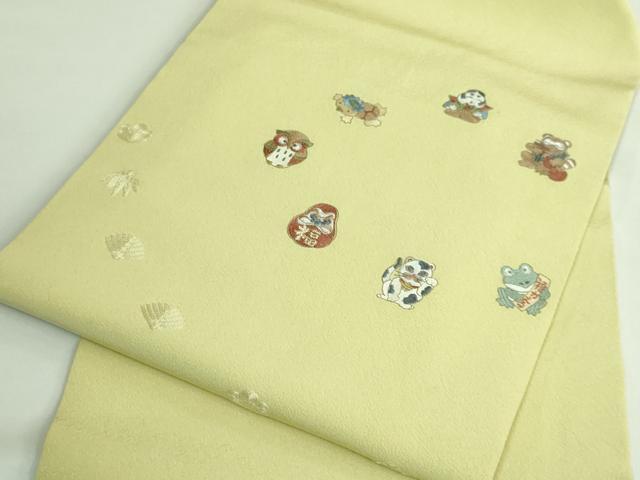 平和屋着物●極上 九寸名古屋帯 総刺繍 招き猫 河童 ダルマ フクロウ タヌキ カエル 縁起物 逸品 DZAB3905kh6