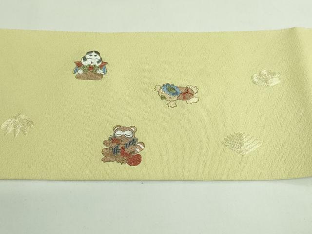 平和屋着物●極上 九寸名古屋帯 総刺繍 招き猫 河童 ダルマ フクロウ タヌキ カエル 縁起物 逸品 DZAB3905kh6