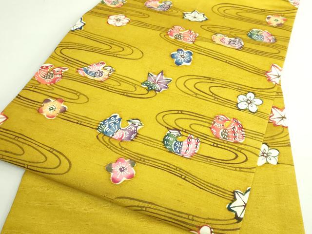 平和屋着物●極上 本場琉球紅型 九寸名古屋帯 紬地 流水鴛鴦花文 逸品 DZAB3906kh6