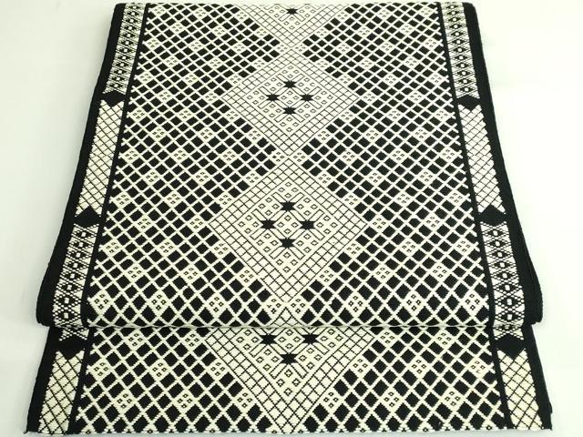 平和屋本店●極上 八寸名古屋帯 こぎん刺し 菱 黒地 逸品 DZAB3911kh6