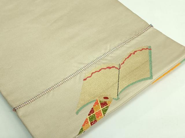 平和屋着物●極上 龍村美術織物 たつむら 太鼓柄 本袋帯 冊子蒔絵文 金糸 白橡色地 逸品 DZAB3916kh6