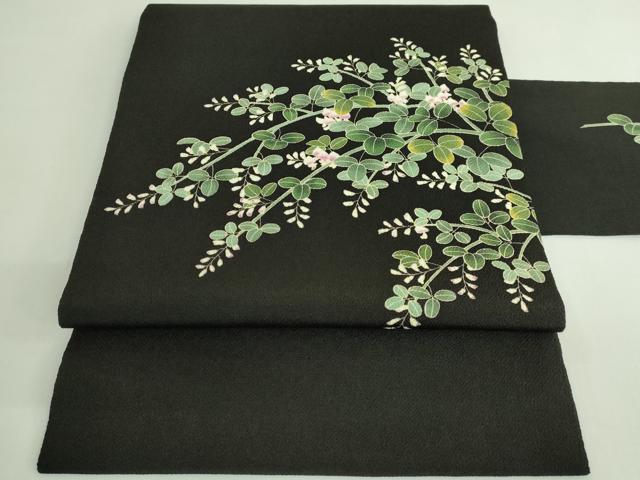 平和屋着物●極上 九寸名古屋帯 萩花文 黒地 鬼しぼ縮緬 逸品 DZAB3930kh6