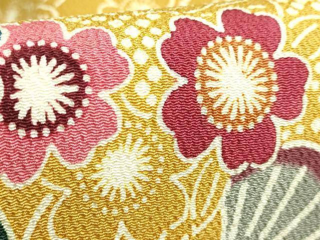 平和屋着物●極上 和染紅型 栗山紅型 栗山吉三郎 九寸名古屋帯 舞花文 山吹茶色 鬼しぼ縮緬 逸品 DZAB3931kh6