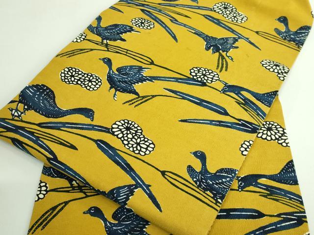 平和屋本店●極上 九寸名古屋帯 紅型 紬地 群れ鳥 証紙・反端付き 逸品 DZAB3932kh6