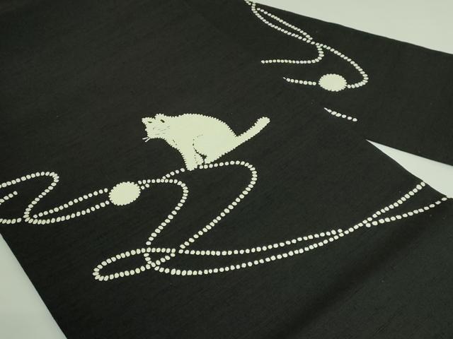 平和屋着物●極上 九寸名古屋帯 紬地 猫 毛糸 黒地 逸品 DZAB3933kh6