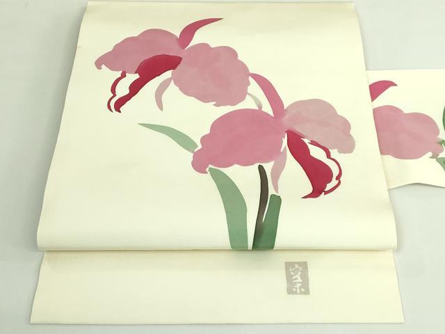 平和屋着物●極上 日展染色作家 高久空木 ろうけつ染 塩瀬 九寸名古屋帯 杜若 逸品 DZAB3957kh6