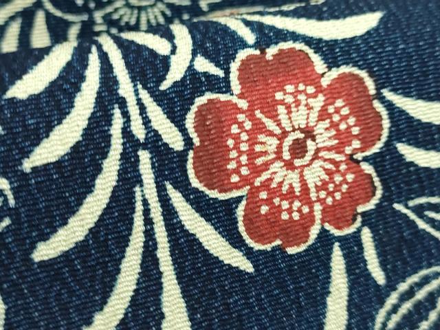 平和屋本店●極上 浦野理一 型染 九寸名古屋帯 松花文 紺色地 鬼しぼ縮緬 逸品 DZAB3962kh6