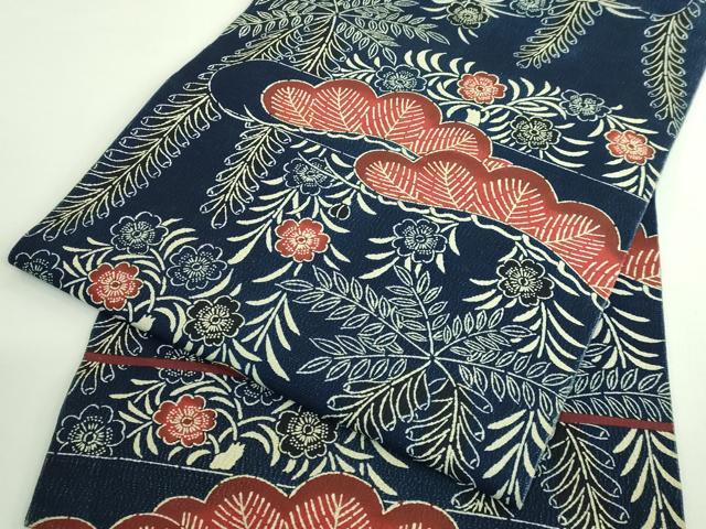 平和屋本店●極上 浦野理一 型染 九寸名古屋帯 松花文 紺色地 鬼しぼ縮緬 逸品 DZAB3962kh6