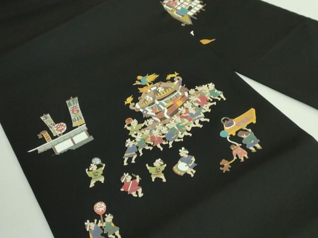 平和屋着物●極上 塩瀬 九寸名古屋帯 お祭り 神輿 黒地 金彩 逸品 DZAB3965kh6