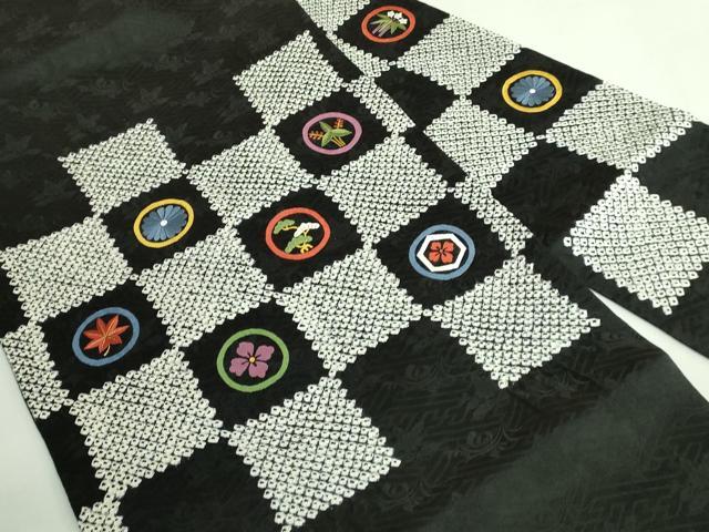 平和屋着物●極上 九寸名古屋帯 刺繍 絞り 市松花文 黒地 逸品 DZAB3969kh6