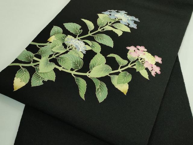 平和屋着物●極上 九寸名古屋帯 紫陽花 黒地 鬼しぼ縮緬 逸品 DZAB3971kh6
