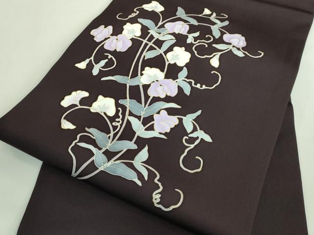 平和屋着物●極上 塩瀬 九寸名古屋帯 花唐草 黒鳶色地 金彩 逸品 DZAB3974kh6