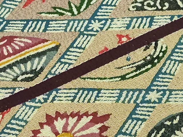 平和屋本店●極上 浦野理一 型染 つけ帯 網目吉祥文 鬼しぼ縮緬 逸品 DZAB3977kh6