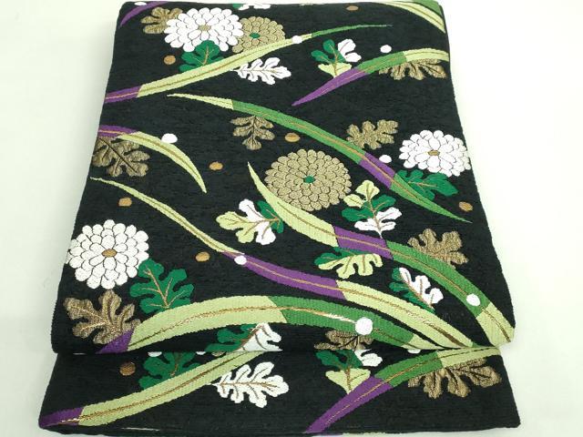 平和屋着物●極上 人形作家・ホリヒロシ 六通柄袋帯 唐織 菊 露草 ビロード 黒地 金糸 上代39万 逸品 DZAB3991kh6