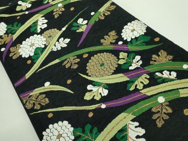 平和屋着物●極上 人形作家・ホリヒロシ 六通柄袋帯 唐織 菊 露草 ビロード 黒地 金糸 上代39万 逸品 DZAB3991kh6