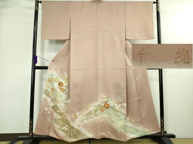 平和屋本店●極上 創業460年・千總 色留訪問着 駒刺繍 草花文 薄柿色地 暈し染め 金彩 高島屋扱い 反端付き 逸品 DZAB4002kh6