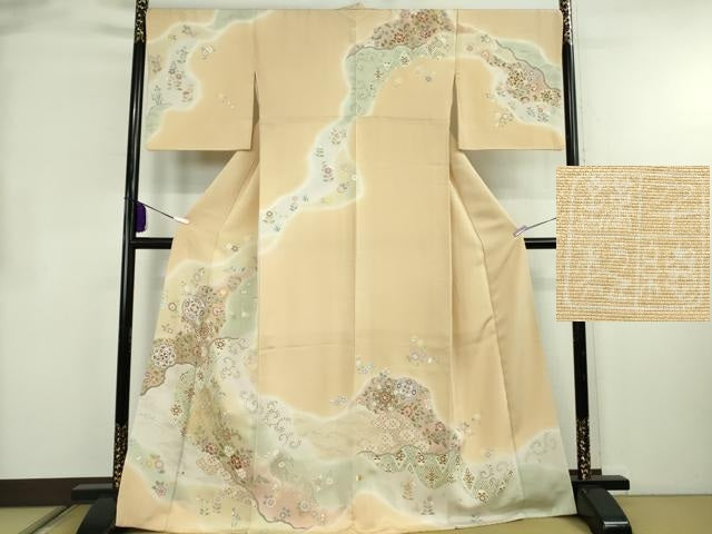 平和屋本店●極上 創業460年・千總 訪問着 駒刺繍 道長正倉院花文 浅黄色地 暈し染め 大丸扱い 逸品 DZAB4004kh6