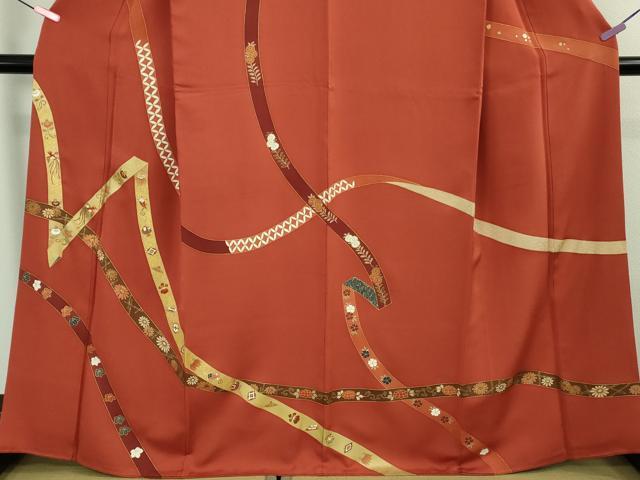 平和屋本店●極上 創業460年・千總 訪問着 駒刺繍 鬘帯宝尽くし花文 蘇芳色地 金彩 逸品 DZAB4007kh6