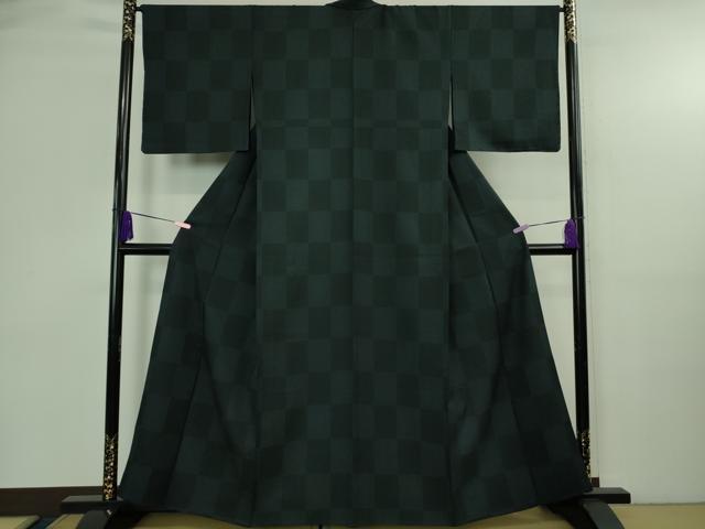 平和屋着物▽極上 洗える最高級着物 <英>はなぶさ謹製 小紋 単衣 市松文様 黒色×蝉色 逸品 未使用 DZAB4010kh6