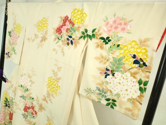 平和屋本店●極上 本加賀友禅作家 三口章 訪問着 枝花文 鳥の子色地 暈し染め 逸品 DZAB4017kh6
