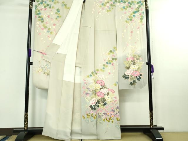平和屋本店●極上 本加賀友禅作家 百貫廣樹 振袖 吉祥花文 灰梅色地 暈し染め 逸品 DZAB4031kh6