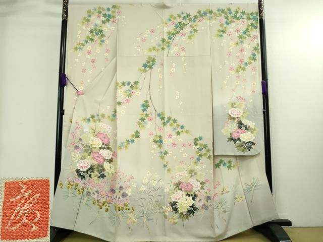 平和屋本店●極上 本加賀友禅作家 百貫廣樹 振袖 吉祥花文 灰梅色地 暈し染め 逸品 DZAB4031kh6