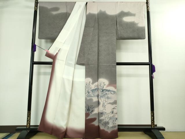 平和屋本店●極上 訪問着 作家物 本藍 鳥獣戯画 手描き 暈し染め 藤煤竹色地 逸品 DZAB4032kh6