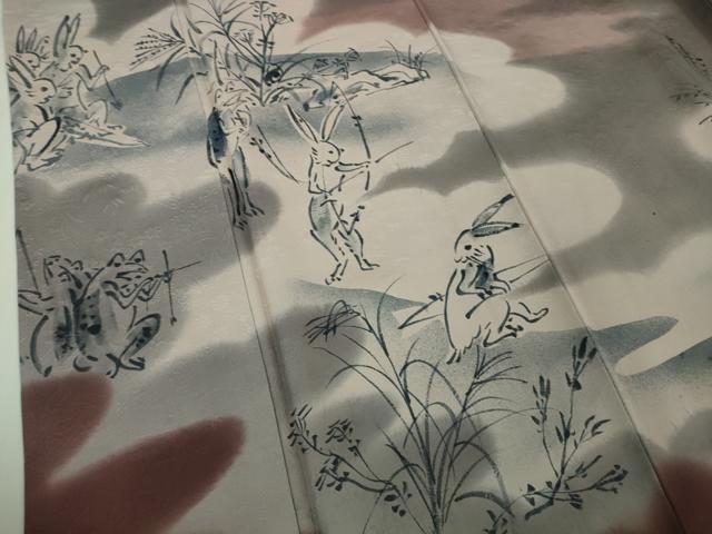 平和屋本店●極上 訪問着 作家物 本藍 鳥獣戯画 手描き 暈し染め 藤煤竹色地 逸品 DZAB4032kh6