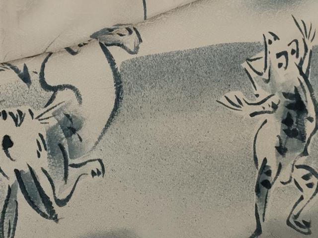 平和屋本店●極上 訪問着 作家物 本藍 鳥獣戯画 手描き 暈し染め 藤煤竹色地 逸品 DZAB4032kh6