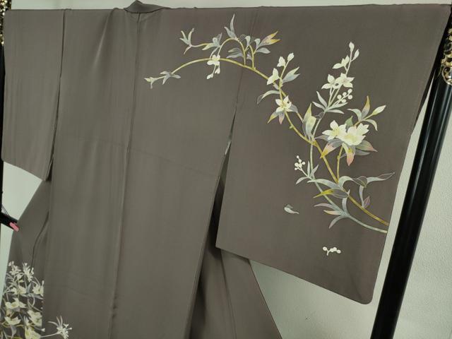 平和屋本店●極上 京加賀友禅 百貫石峰 訪問着 草花文 葡萄鼠色地 逸品 DZAB4036kh6