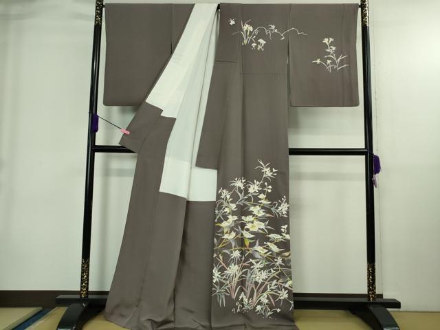 平和屋本店●極上 京加賀友禅 百貫石峰 訪問着 草花文 葡萄鼠色地 逸品 DZAB4036kh6