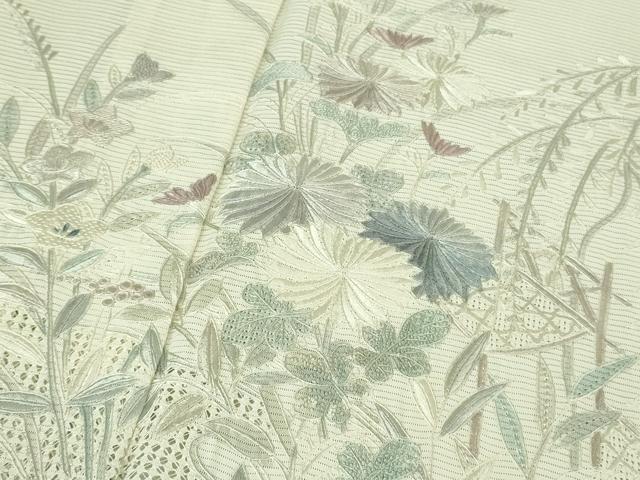 平和屋本店*極上 夏物 中国三大刺繍 スワトウ刺繍 汕頭・相良刺繍 総刺繍 訪問着 絽 秋草文 暈し染め 象牙色 逸品 DZAB4038kh6
