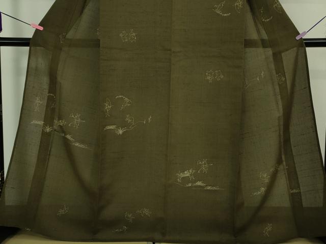 平和屋着物*極上 夏物 紗紬 鳥獣戯画 海松茶色地 逸品 DZAB4052kh6