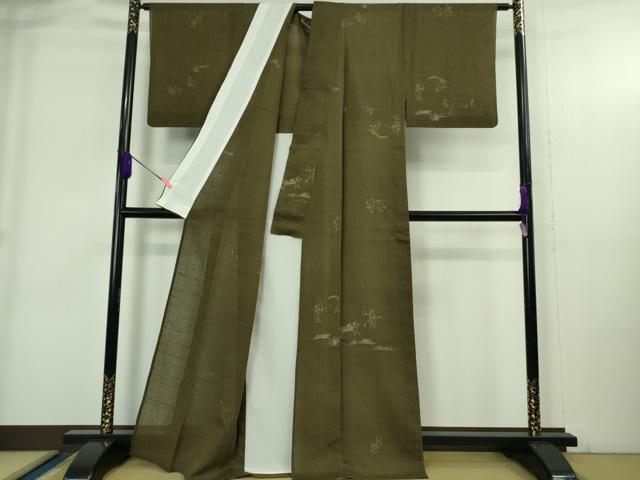平和屋着物*極上 夏物 紗紬 鳥獣戯画 海松茶色地 逸品 DZAB4052kh6