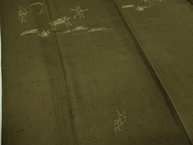 平和屋着物*極上 夏物 紗紬 鳥獣戯画 海松茶色地 逸品 DZAB4052kh6